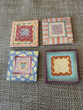 MacKenzie Childs Vintage Hand-Painted Retired Ceramic Tile Coasters - Set of 4